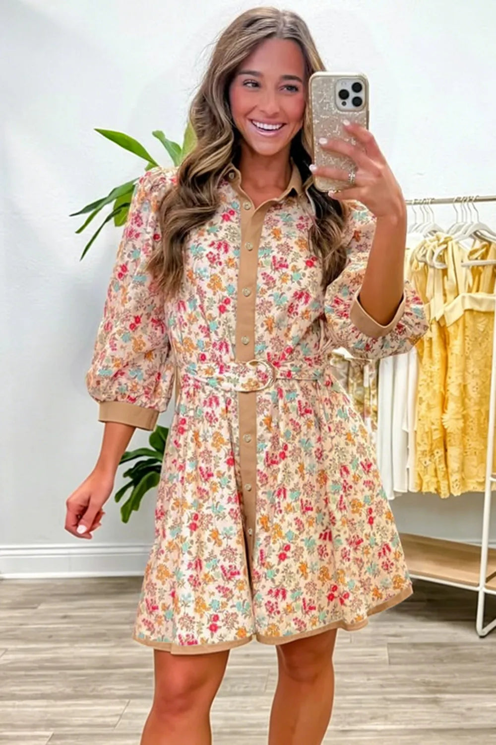 Orange Floral Color Block 3/4 Sleeve Belted Mini Dress