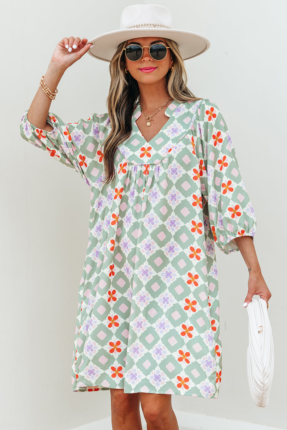 Green Geometric Floral Print 3/4 Sleeve Notched Neck Mini Dress