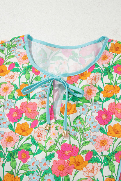 Green Floral Print Striped Trim Tie Neck Puff Sleeve Babydoll Blouse