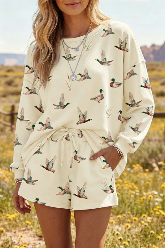 Beige Free Mallard Print Long Sleeve Top Drawstring Short Set- PREORDER