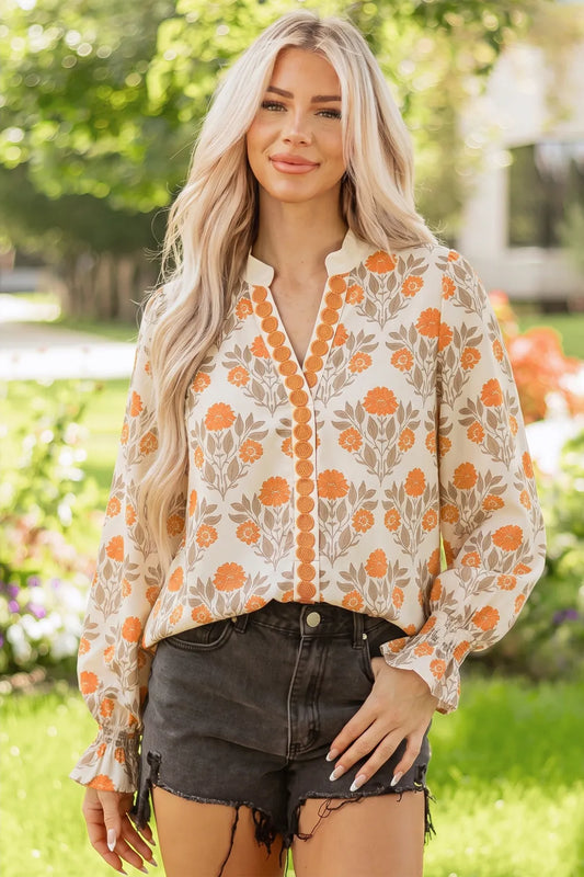 Orange Floral Contrast Vneck Blouse