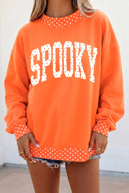 Orange SPOOKY Polka Dot Letter Print Mock Neck Baggy Pullover Sweatshirt