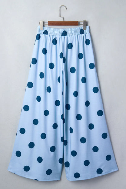 Sky Blue Polka Dot Wide Leg Elastic Waist Casual Pants- S-4X