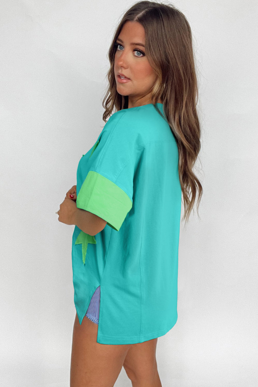 Aruba Blue Frayed Denim Star Patched Oversize T Shirt