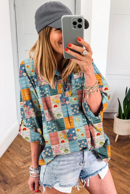 Sky Blue Floral Collared V Neck Roll up Sleeve Shift Blouse