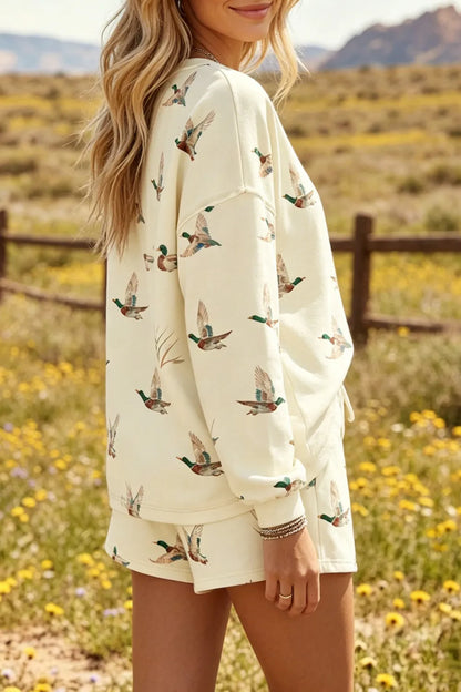 Beige Free Mallard Print Long Sleeve Top Drawstring Short Set- PREORDER