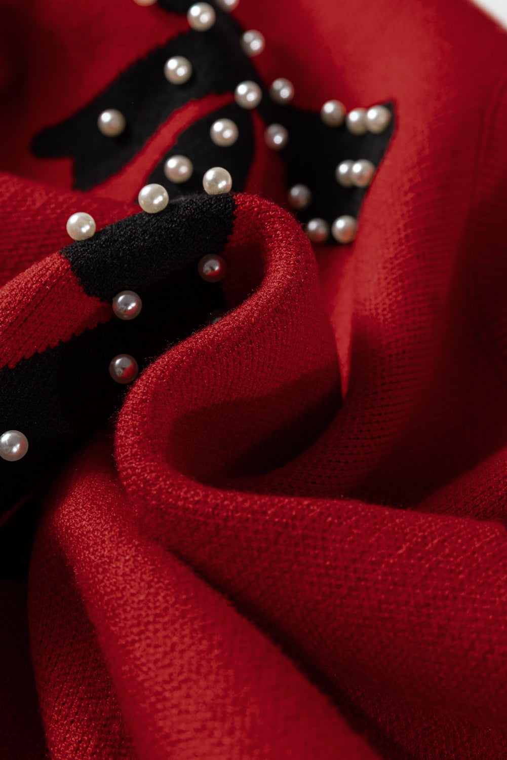 Racing Red Pearl Embellished Bow Pattern Loose Sweater