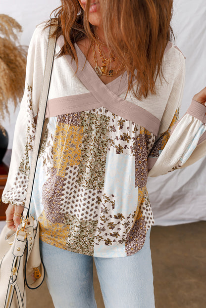 White Floral Printed Contrast Patchwork Long Sleeve Top