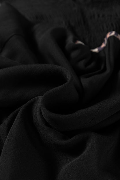 Black Collared V Neck Smocked Detail Contrast Leopard Trim Bracelet Sleeve Long Dress