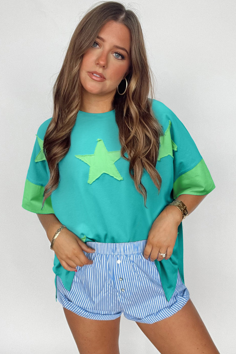 Aruba Blue Frayed Denim Star Patched Oversize T Shirt