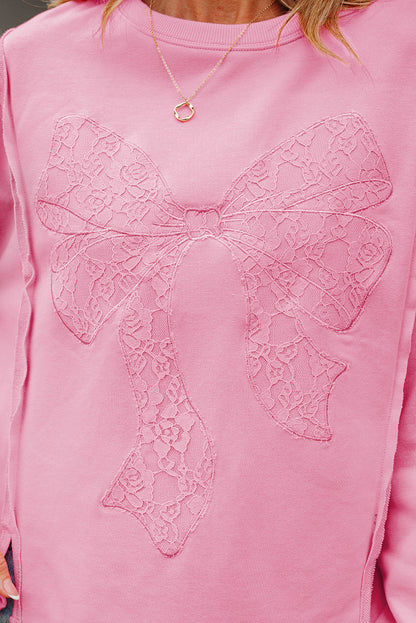 Bonbon Lace Insert Bow Embroidered Exposed Seam Sweatshirt