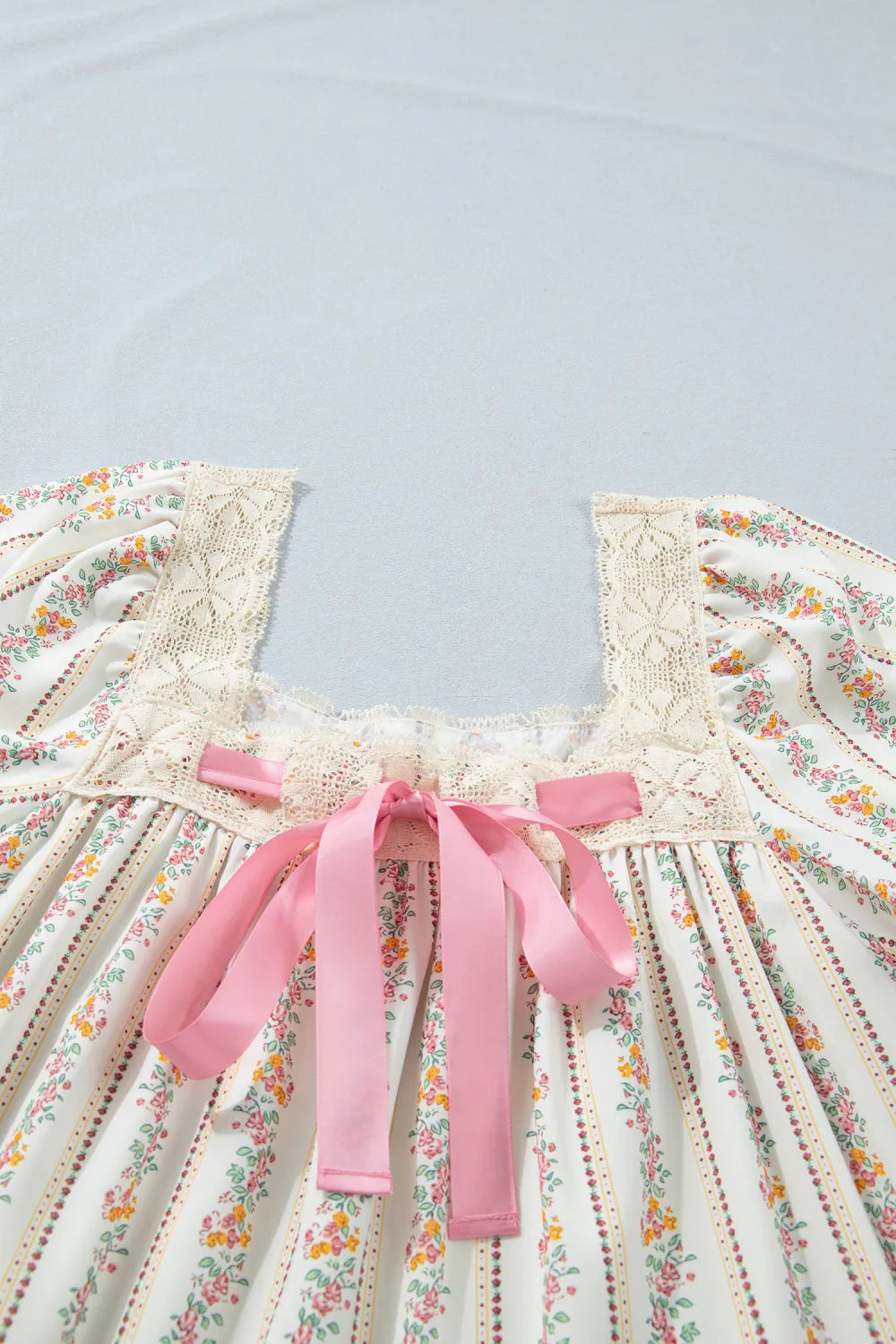 Multicolor Floral Ribbon Bow Square Neck Mini Dress
