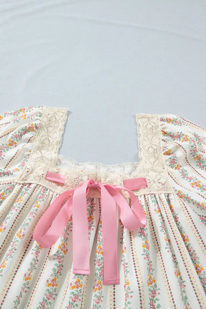 Multicolor Floral Ribbon Bow Square Neck Mini Dress
