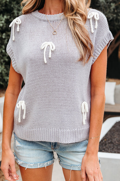 Light Grey Bowknot Applique Cap Sleeve Sweater