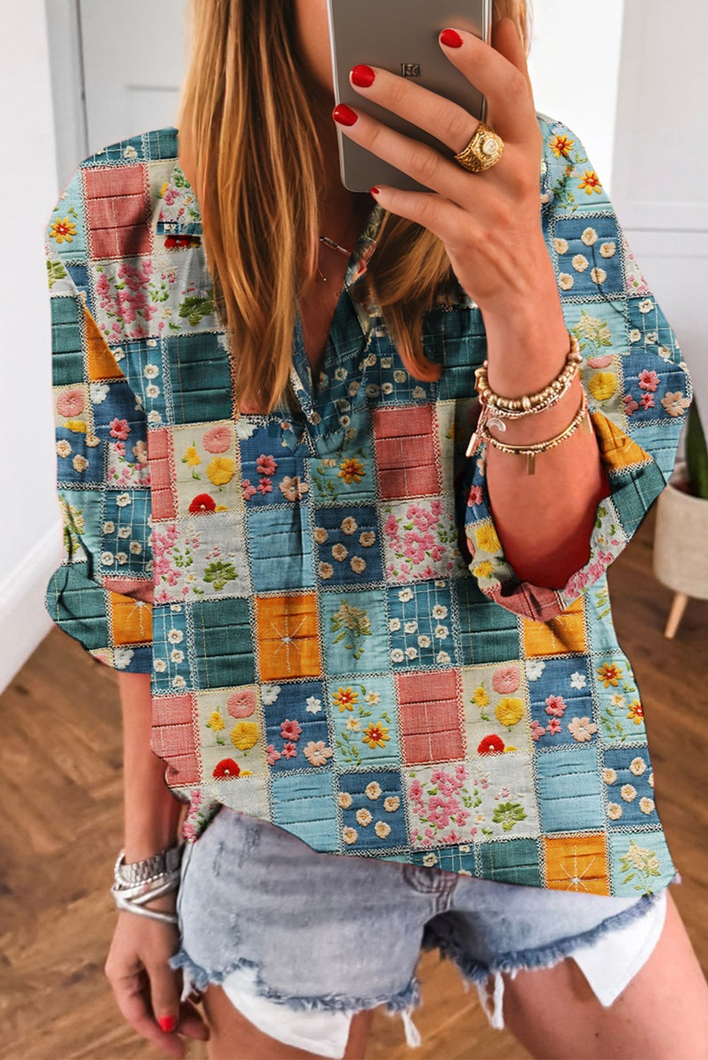 Sky Blue Floral Collared V Neck Roll up Sleeve Shift Blouse
