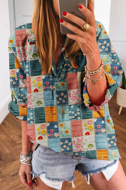 Sky Blue Floral Collared V Neck Roll up Sleeve Shift Blouse