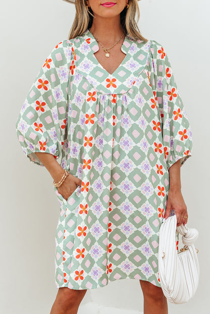 Green Geometric Floral Print 3/4 Sleeve Notched Neck Mini Dress