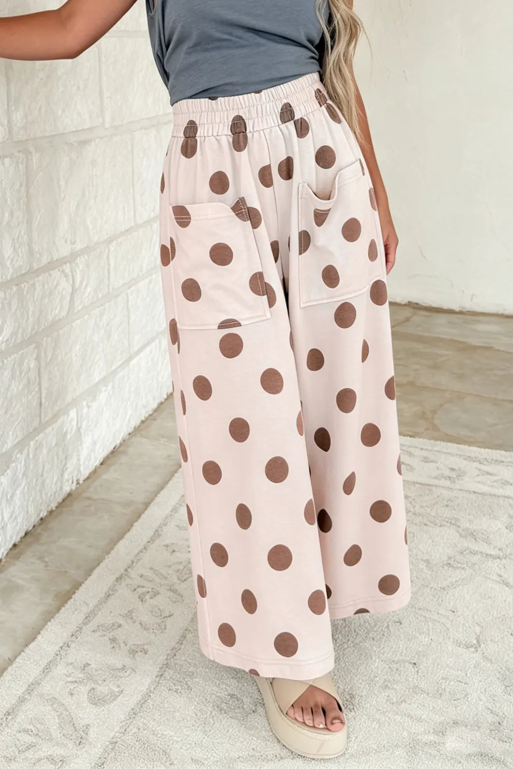 Khaki Polka Dot Wide Leg Elastic Waist Casual Pants- S-4X