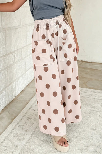 Khaki Polka Dot Wide Leg Elastic Waist Casual Pants- S-4X