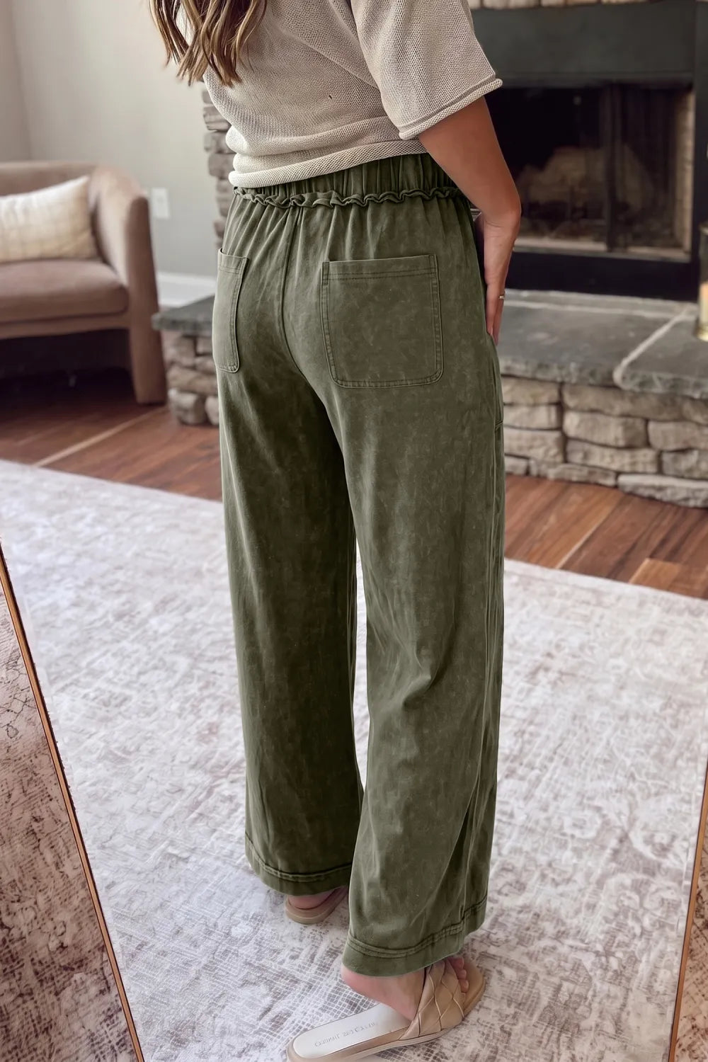 Jungle Green Mineral Wash Flare Leg Drawstring Pants PREORDER