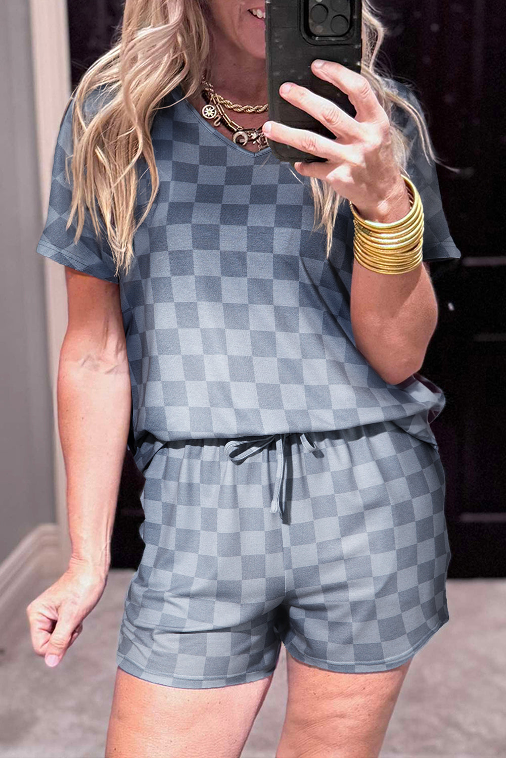 Gray Checkered V Neck Tee Drawstring Shorts Lounge Set