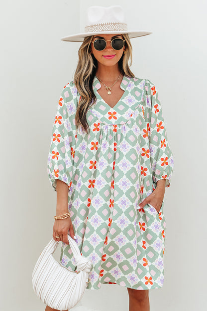 Green Geometric Floral Print 3/4 Sleeve Notched Neck Mini Dress