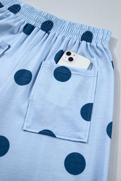 Sky Blue Polka Dot Wide Leg Elastic Waist Casual Pants- S-4X