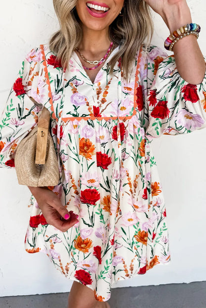 Beige Floral Print 3/4 Puff Sleeve Ricrac Trim Mini Dress