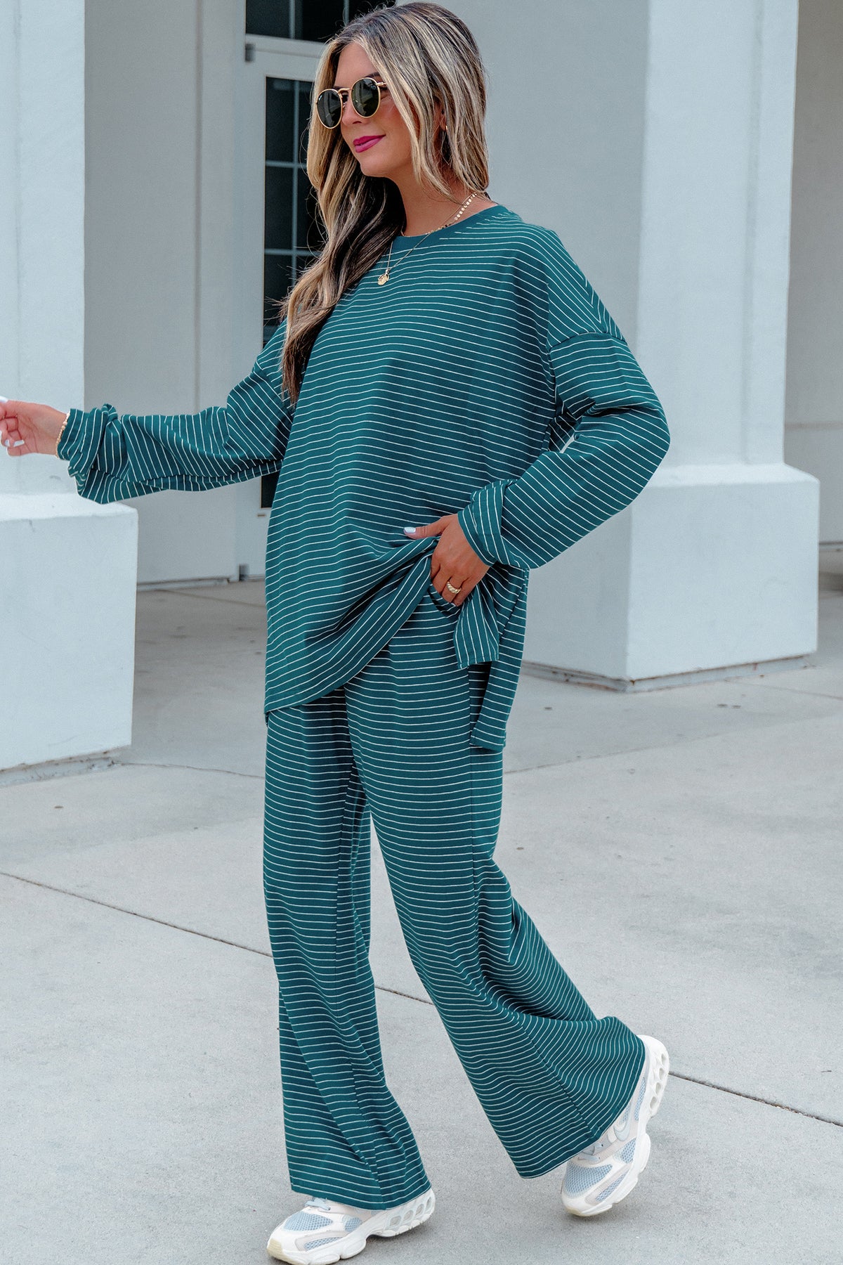 Green Stripe Dropped Shoulder 2pc Set