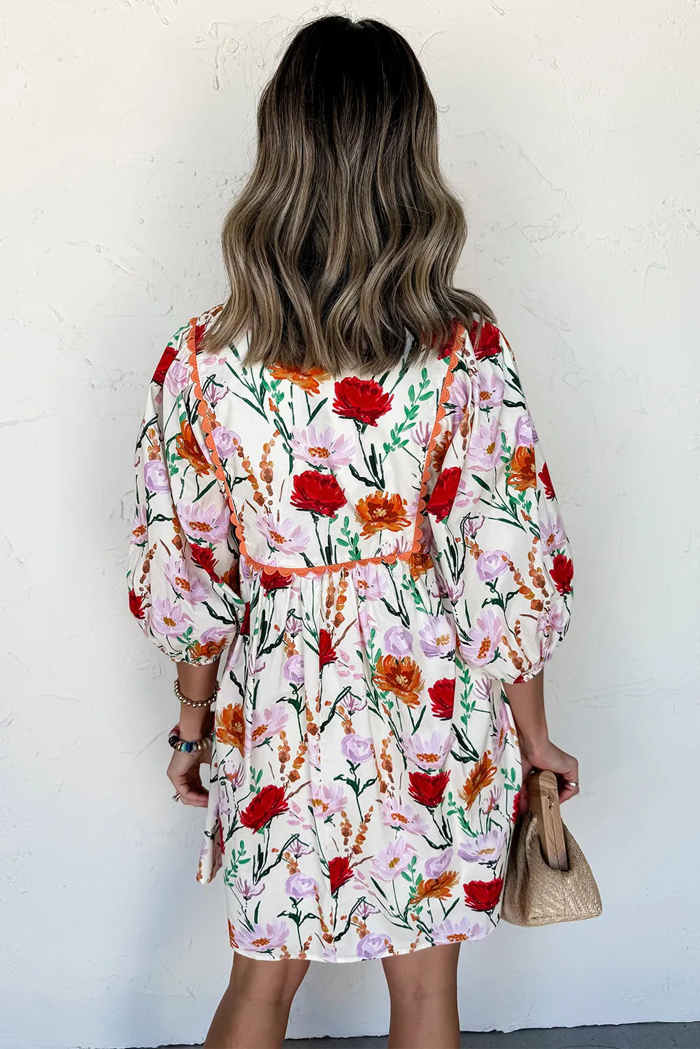 Beige Floral Print 3/4 Puff Sleeve Ricrac Trim Mini Dress
