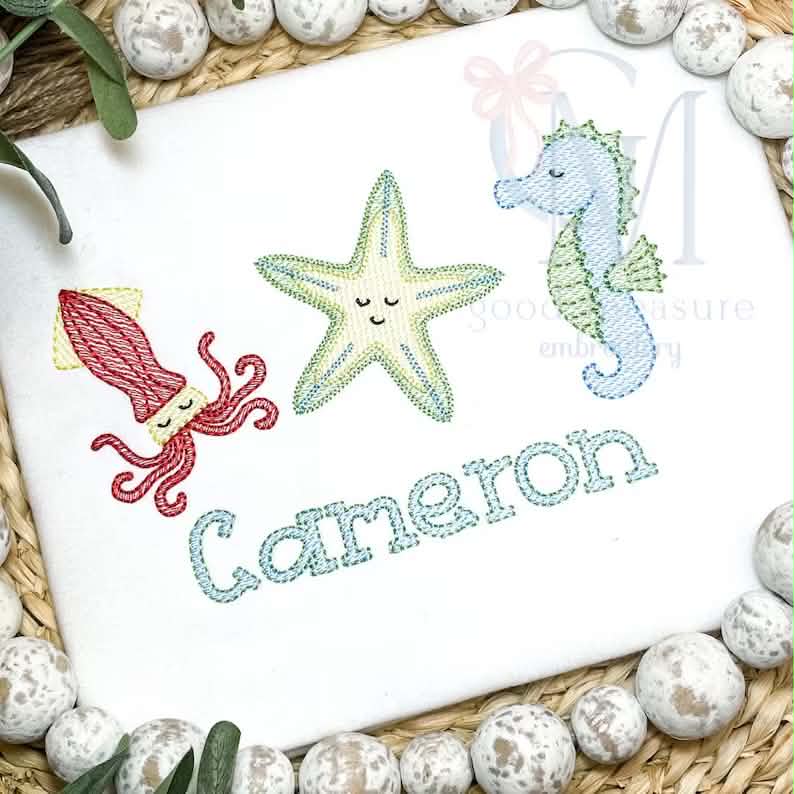 Embroidered Coastal Sea Life Trio Sketch