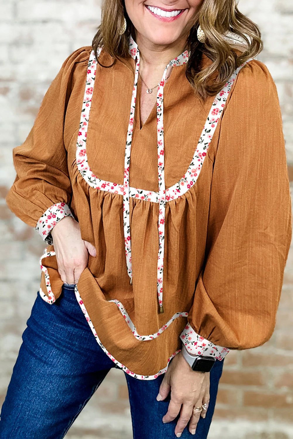 Straw Yellow Split Neck Pleated Floral Trim Long Puff Sleeve Blouse