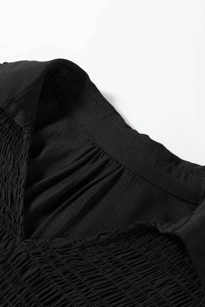 Black Collared V Neck Smocked Detail Contrast Leopard Trim Bracelet Sleeve Long Dress