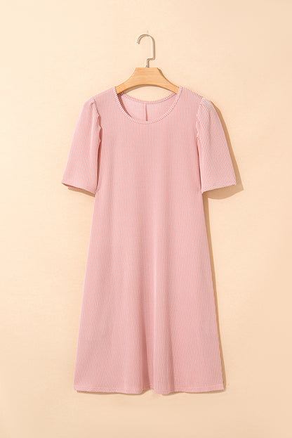 Blossom Corded Knit Crew Neck Puff Sleeve Shift Mini Dress