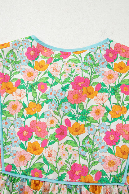 Green Floral Print Striped Trim Tie Neck Puff Sleeve Babydoll Blouse