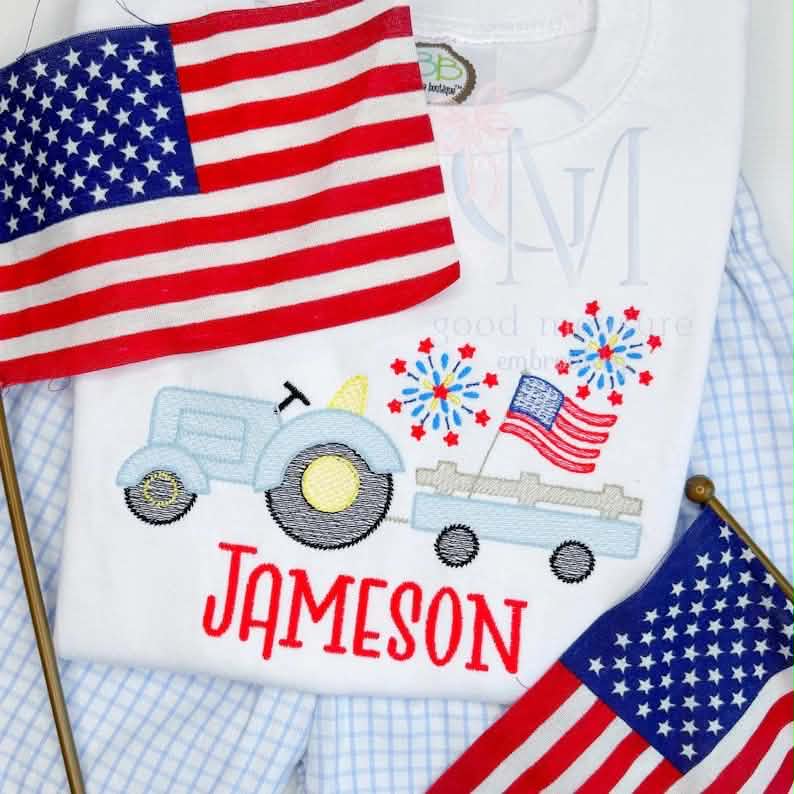 Embroidered Little Blue Tractor Patriotic Parade