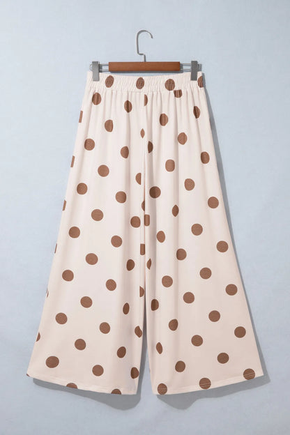 Khaki Polka Dot Wide Leg Elastic Waist Casual Pants- S-4X