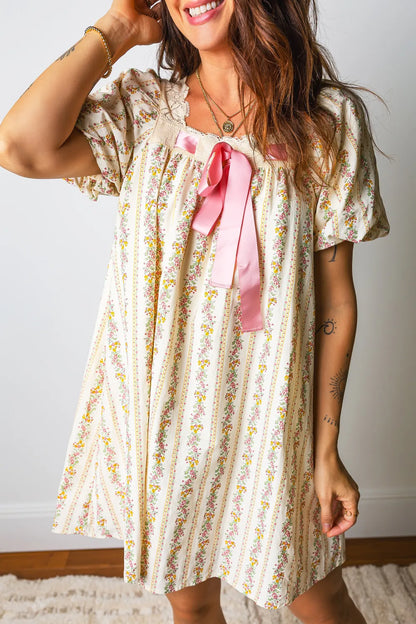 Multicolor Floral Ribbon Bow Square Neck Mini Dress