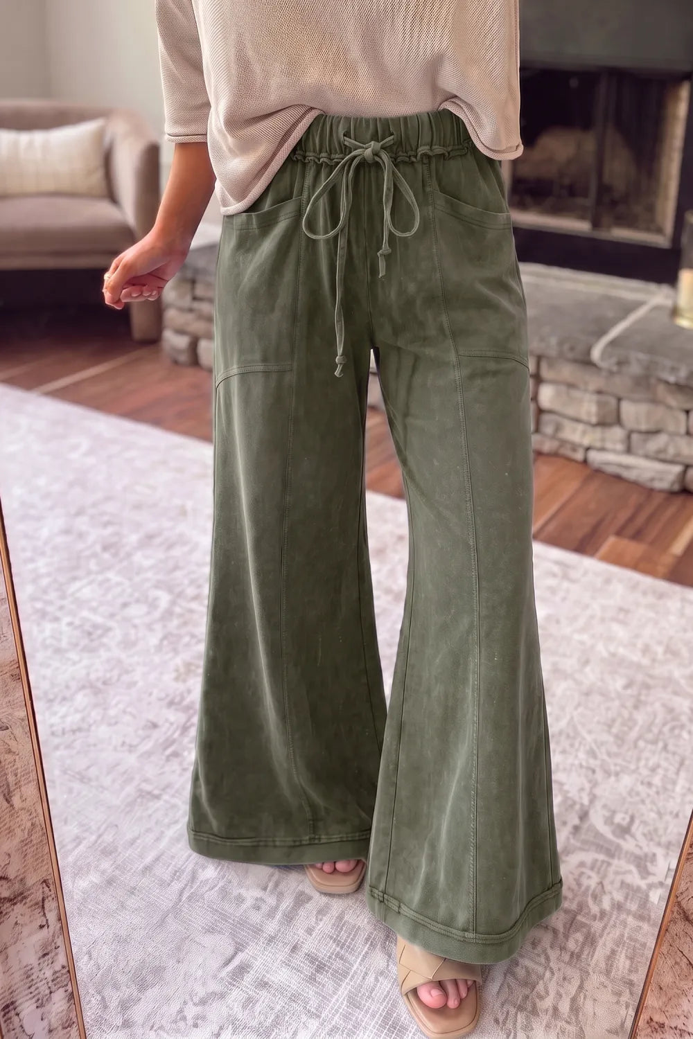 Jungle Green Mineral Wash Flare Leg Drawstring Pants PREORDER