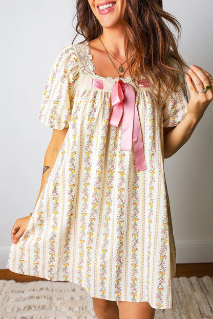 Multicolor Floral Ribbon Bow Square Neck Mini Dress