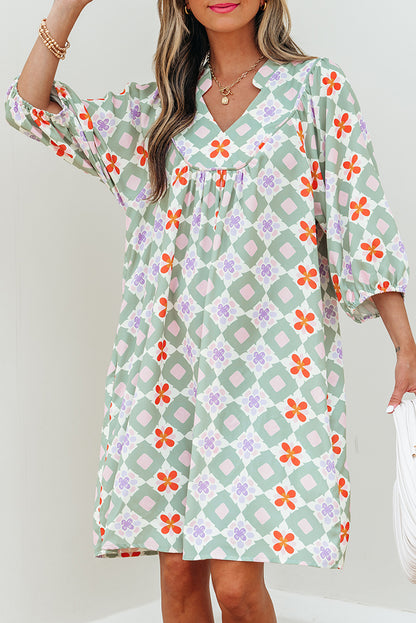 Green Geometric Floral Print 3/4 Sleeve Notched Neck Mini Dress