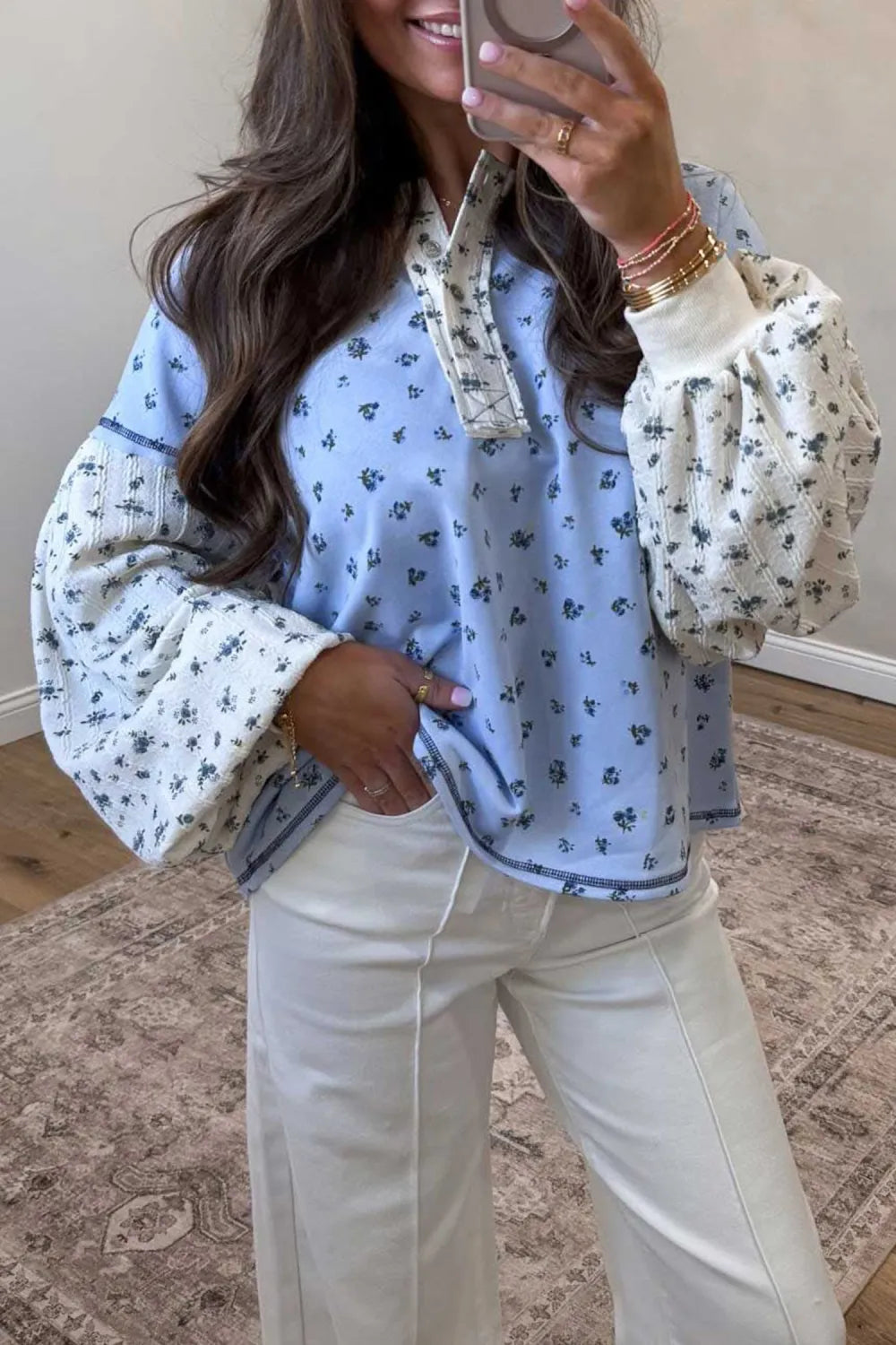 Sky Blue Floral Print Long Sleeve