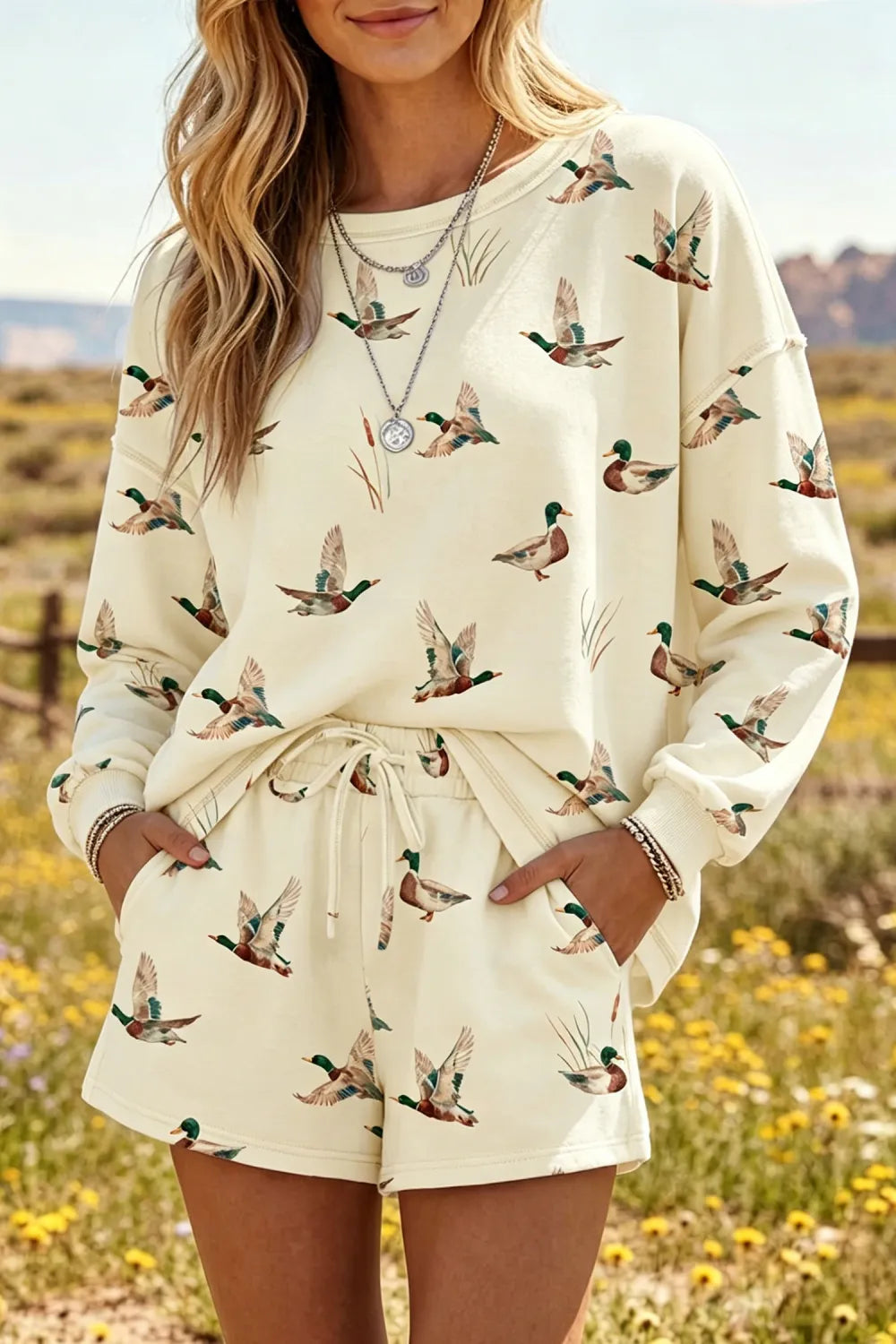 Beige Free Mallard Print Long Sleeve Top Drawstring Short Set- PREORDER