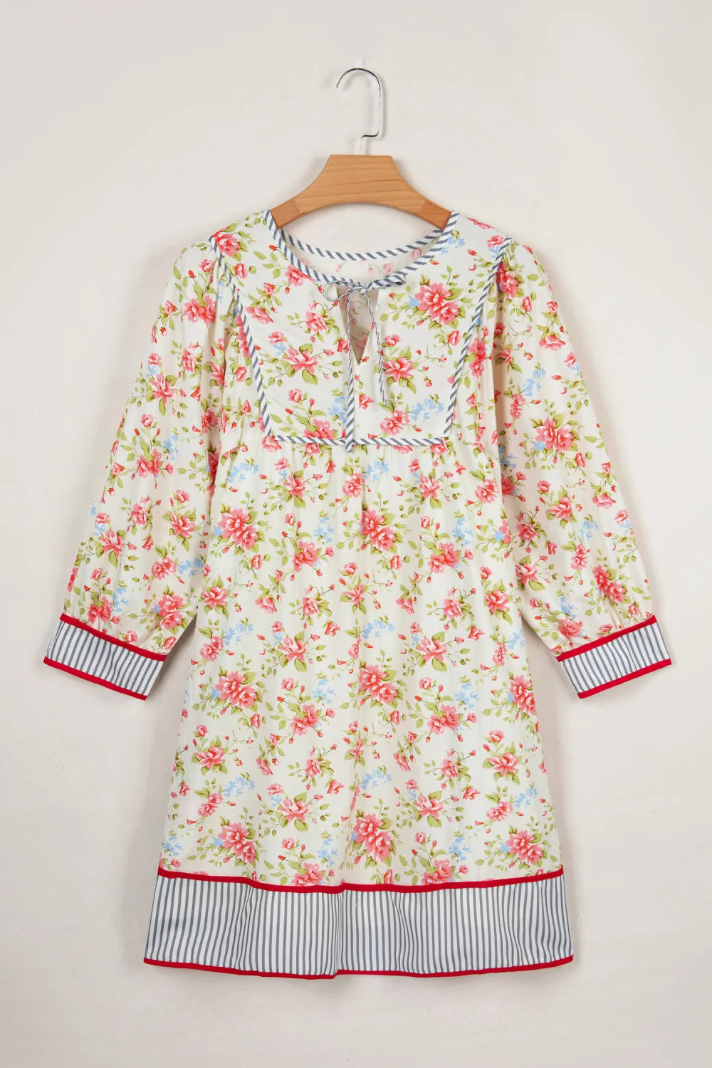 Apricot Striped Edge 3/4 Puff Sleeve Floral Dress