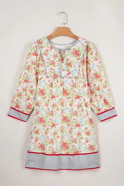 Apricot Striped Edge 3/4 Puff Sleeve Floral Dress