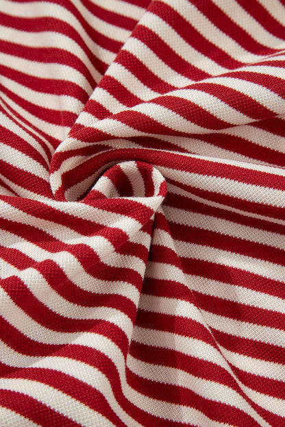 Red Stripe Bowknot Cutout Back Drop Shoulder Wide Bracelet Sleeve Loose Tee