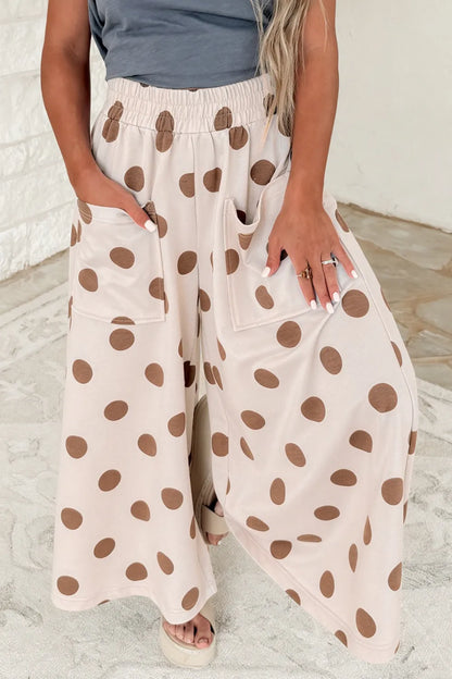 Khaki Polka Dot Wide Leg Elastic Waist Casual Pants- S-4X