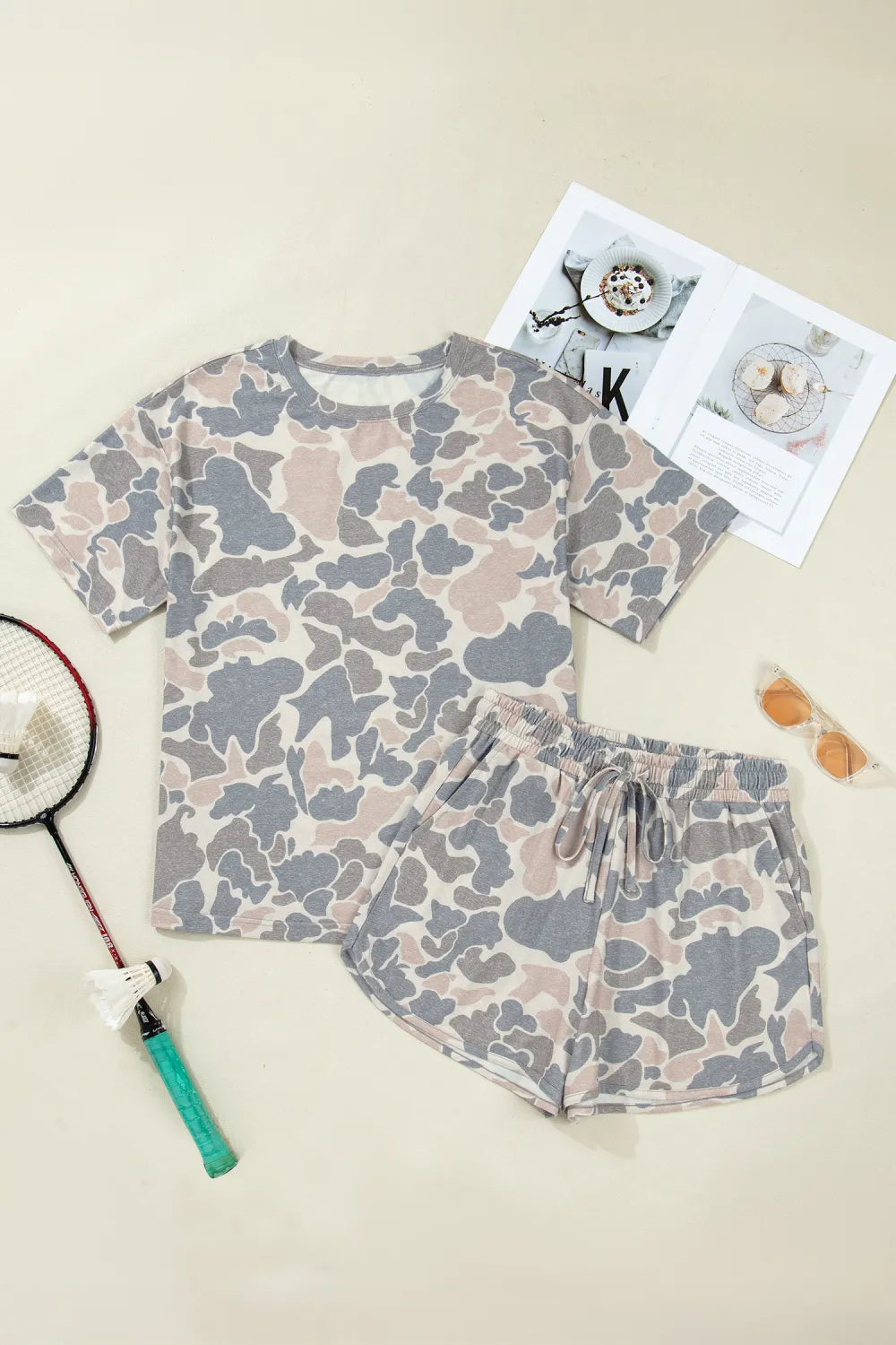 Camouflage Loose Tee Drawstring Shorts 2pcs Outfit