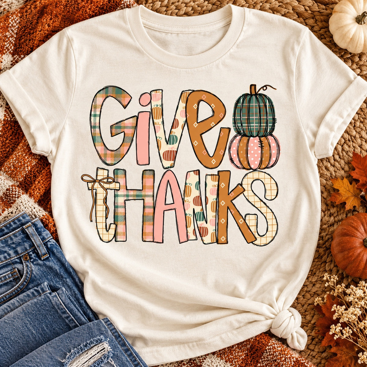 Give Thanks Patterned Pumpkins Graphic Tee