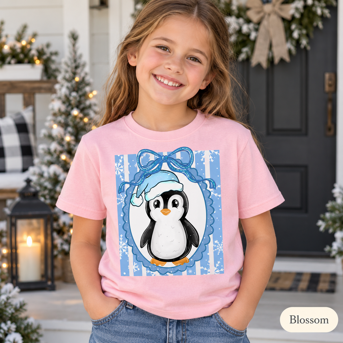 Blue Bow Winter Penguin Graphic Tee — Blossom